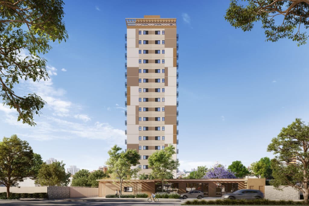 Fachada frontal do edifício residencial com arborização e portaria