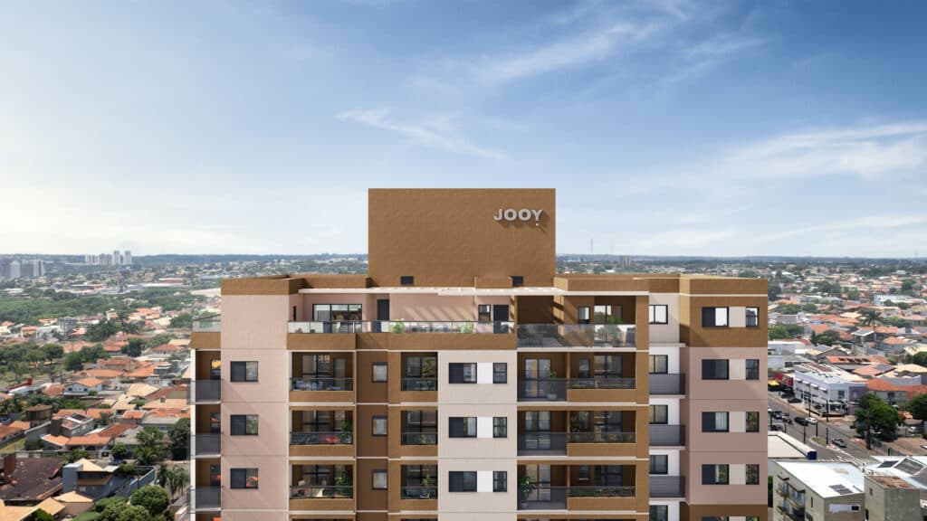 Detalhe da fachada superior e cobertura do edifício residencial