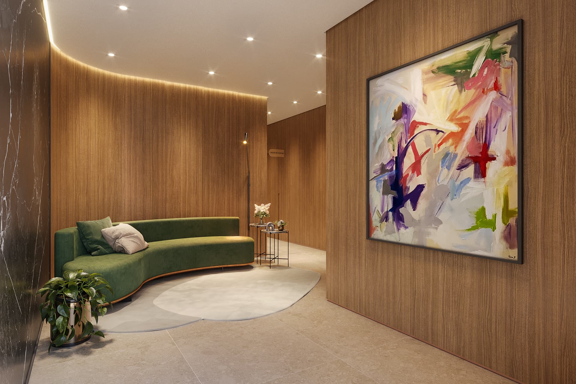Hall com painéis amadeirados nas paredes, sofá curvo verde e obra de arte colorida
