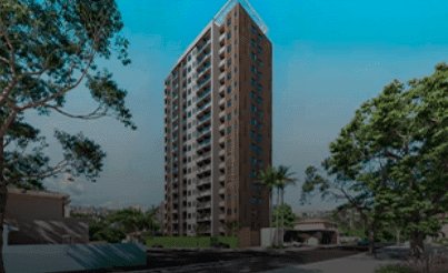 Fachada do edifício residencial com volumetria moderna e vegetação ao redor