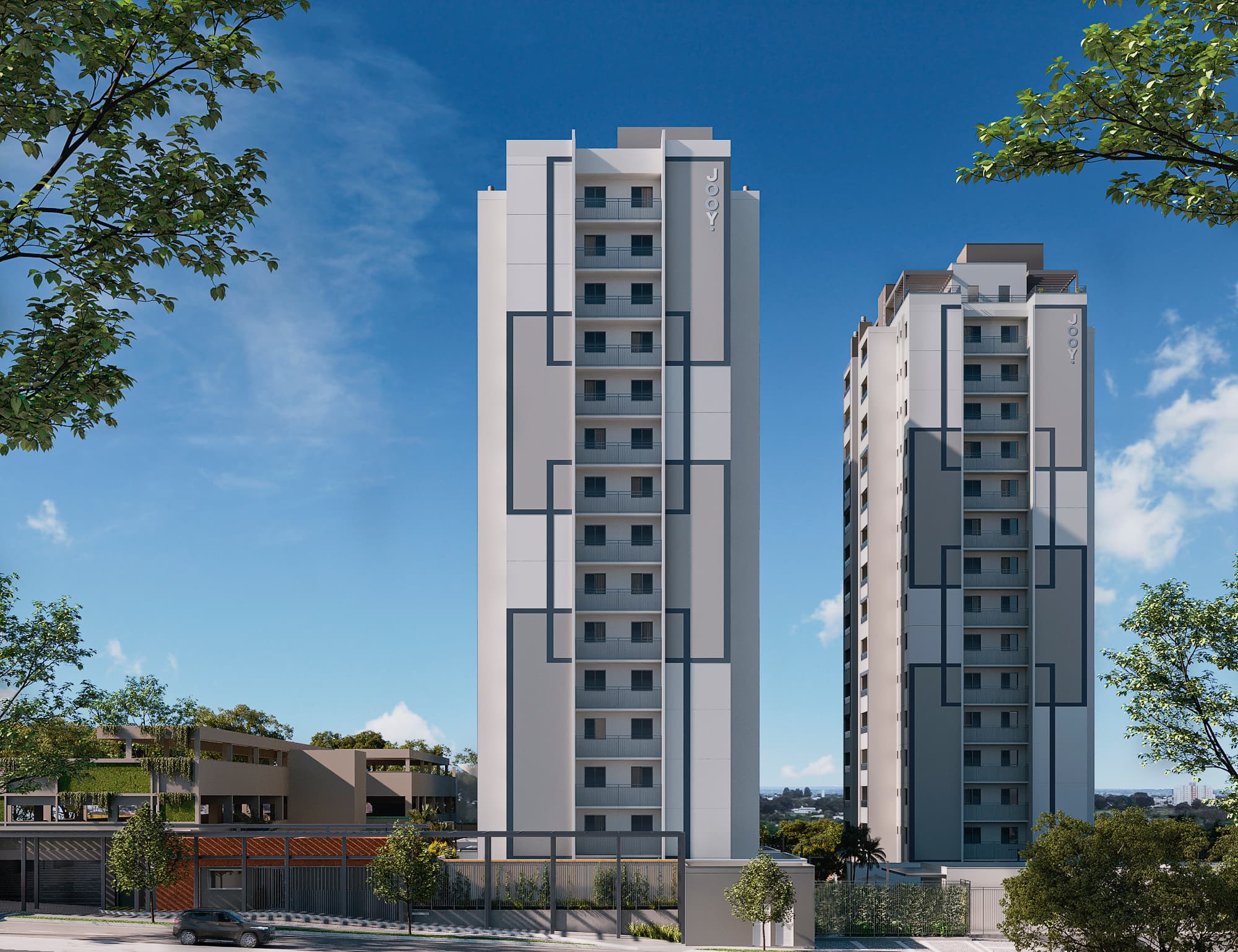 Fachada frontal de duas torres residenciais com pintura moderna em tons de cinza e branco.